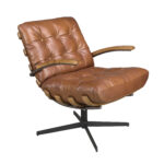 Dark brown leather and walnut swivel armchair