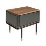 Bedside table in matt dark grey wood, black steel and walnut top