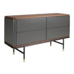 Chest of drawers dark grey matt wood, black steel and walnut top