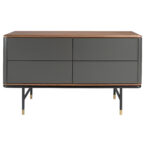 Chest of drawers dark grey matt wood, black steel and walnut top