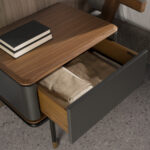 Bedside table in matt dark grey wood, black steel and walnut top