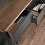 Chest of drawers dark grey matt wood, black steel and walnut top