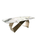 Rectangular dining table in porcelain marble and champagne-coloured steel