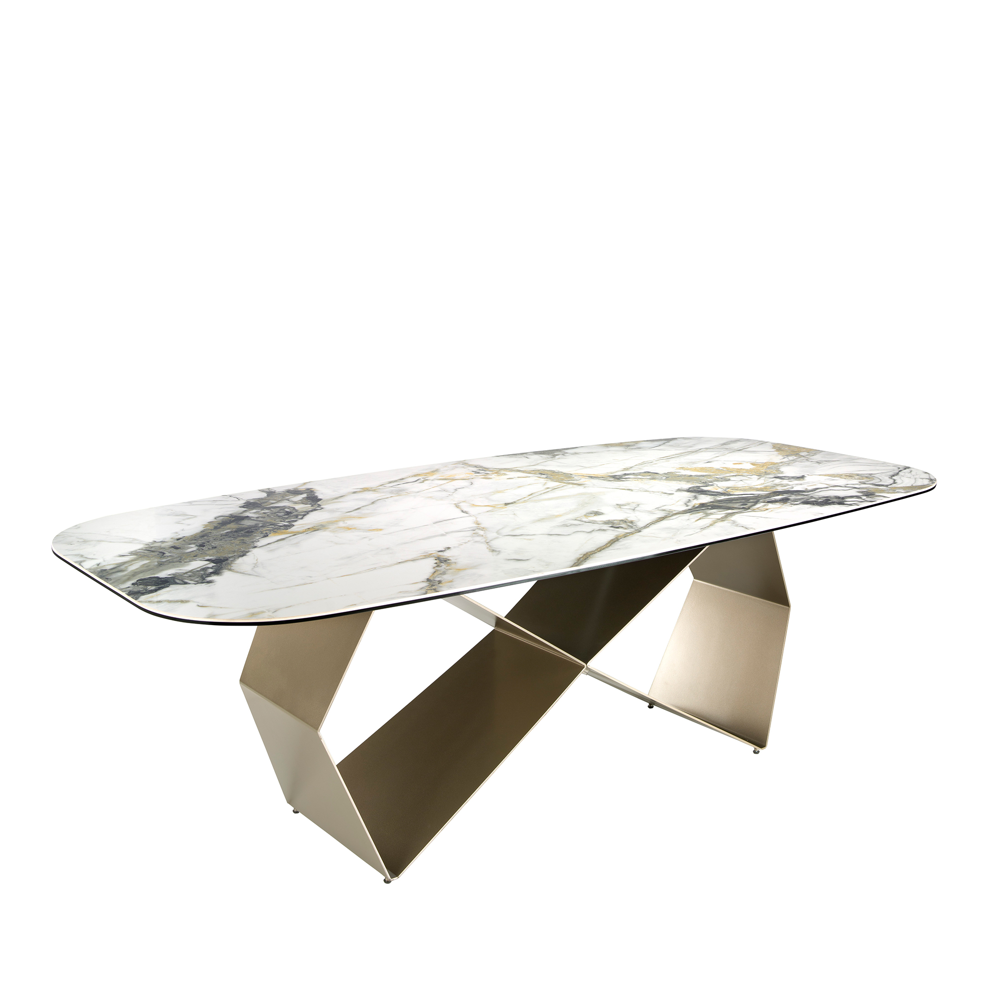 Tavolo da pranzo rettangolare in marmo porcellanato e acciaio color champagne