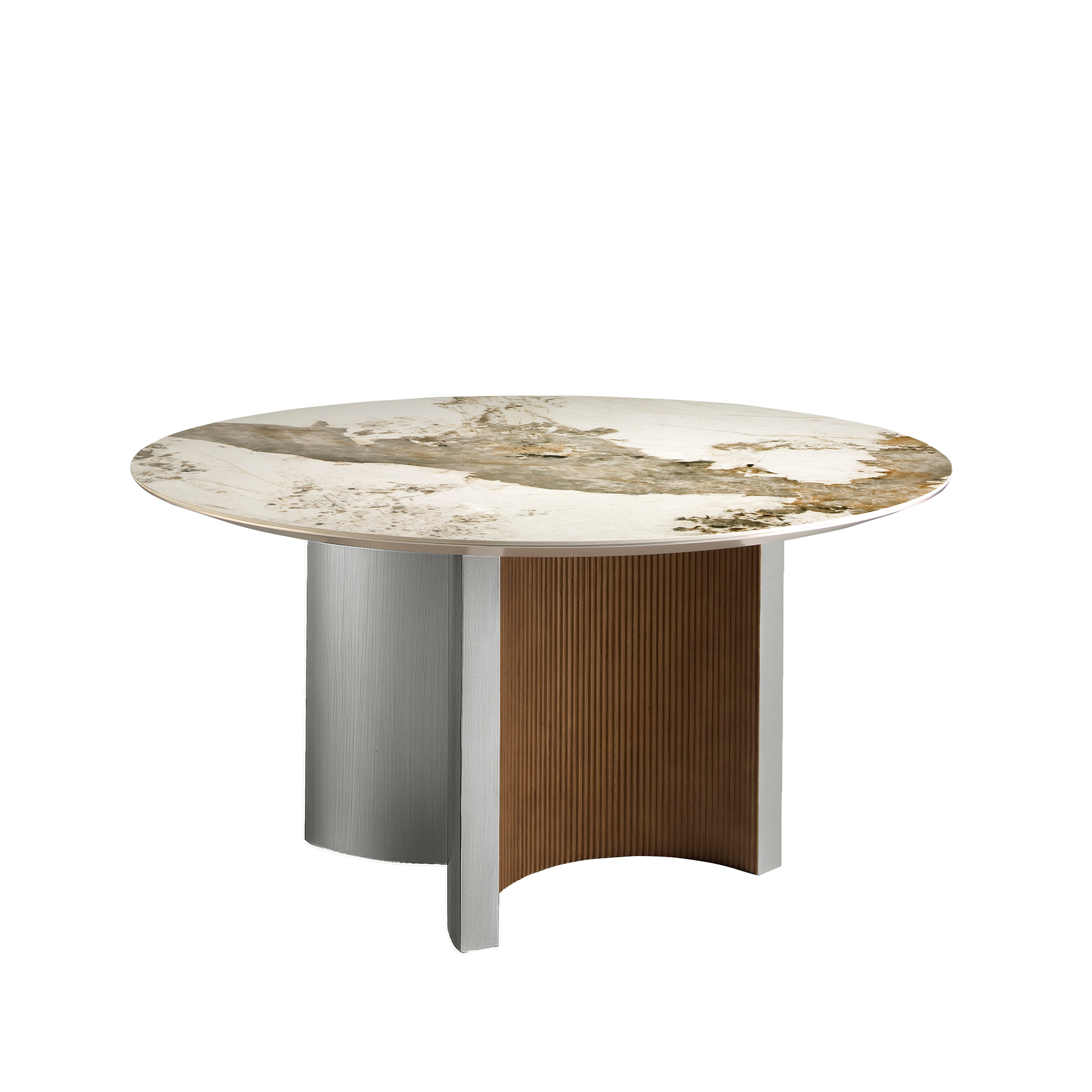 Round dining table in porcelain marble, walnut and silver-coloured wood