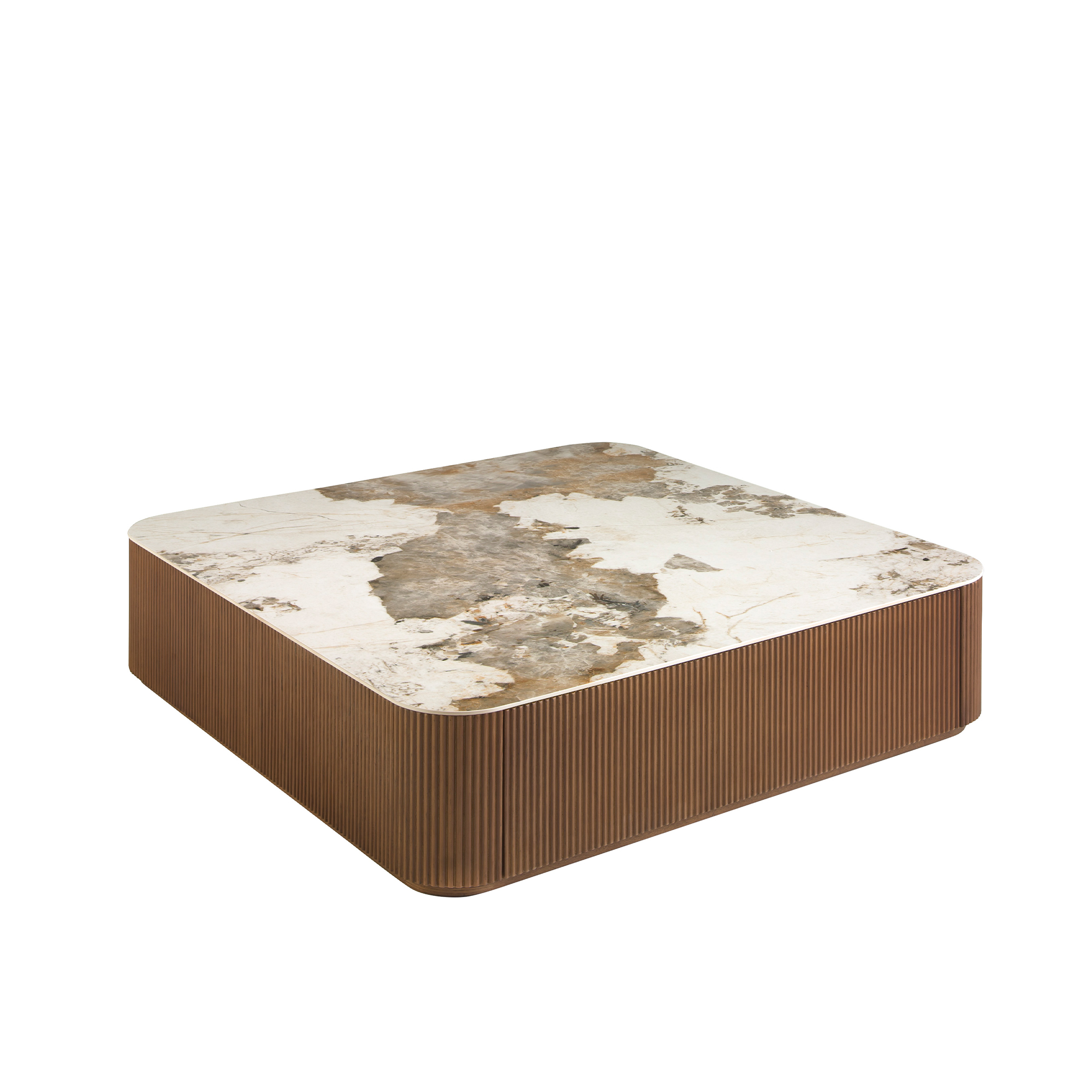 Porcelain marble and walnut square coffee table