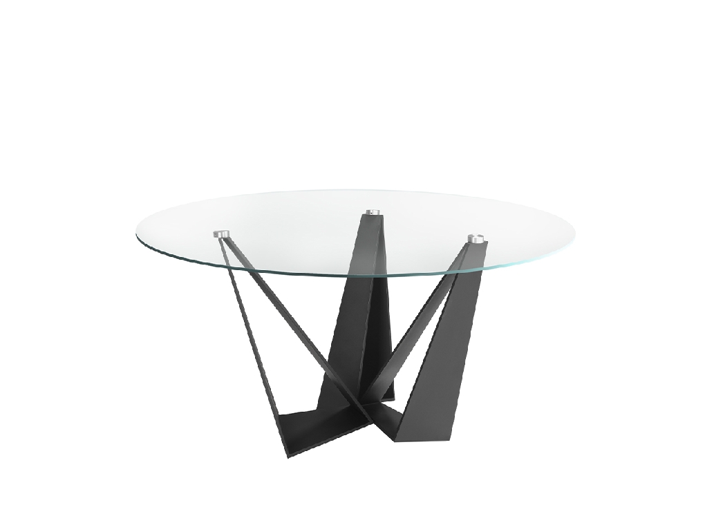 Mesa comedor de cristal y acero negro