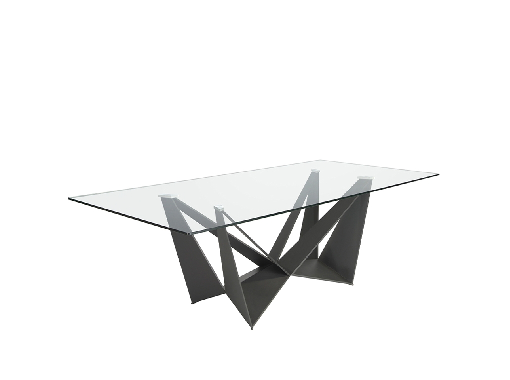 Mesa comedor rectangular de cristal templado y estructura de acero inoxidable negro