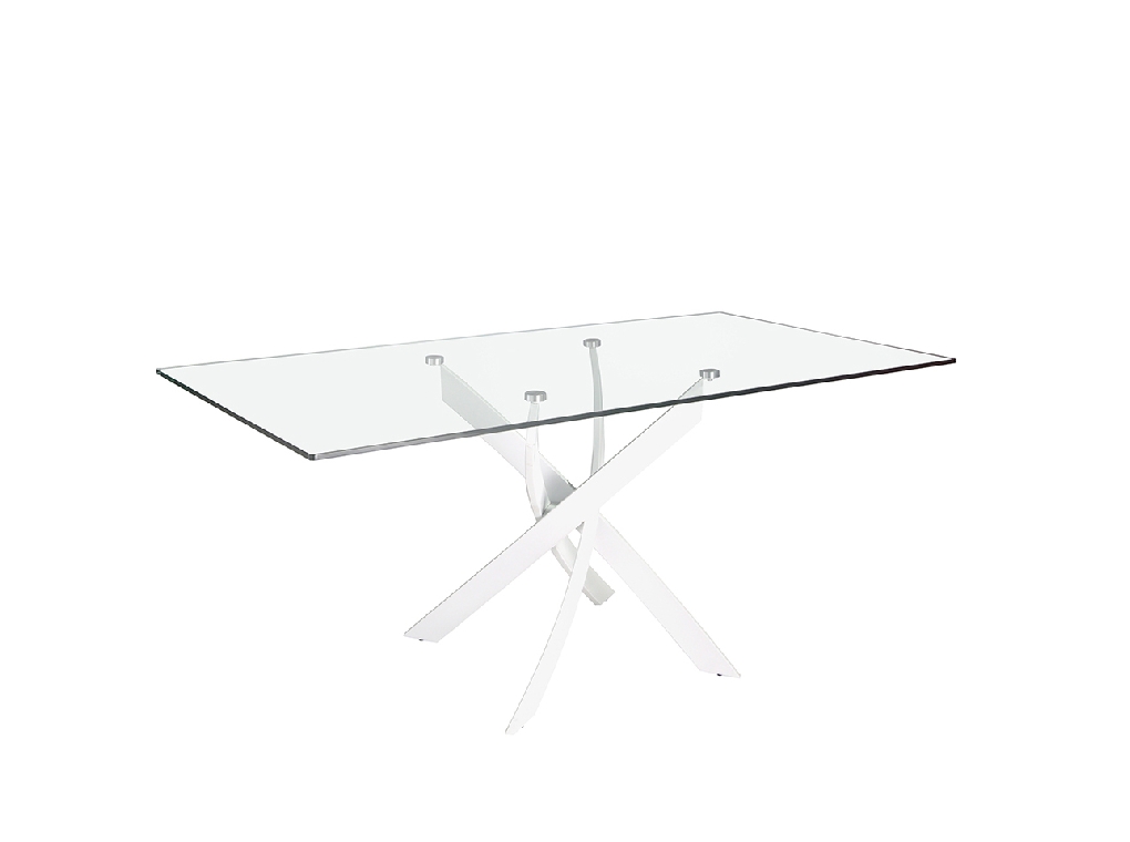 Mesa comedor rectangular de cristal templado y acero inoxidable blanco