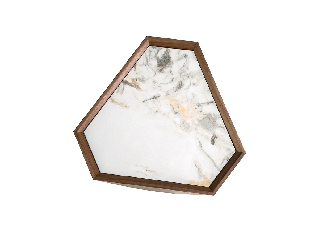 Porcelain marble and walnut triangular corner table