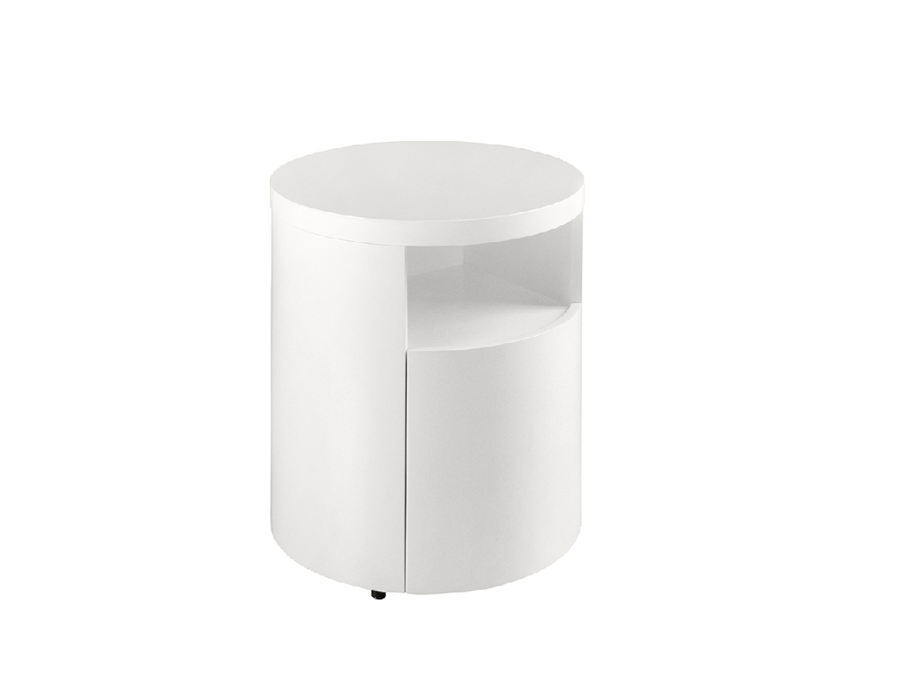 White round wooden bedside table